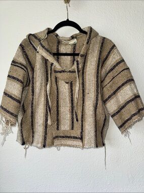Striped Cowl Pullover Hoodie in Beige and Black